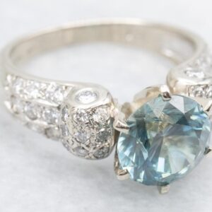 14K White Gold Blue Zircon Ring, Diamond Accents