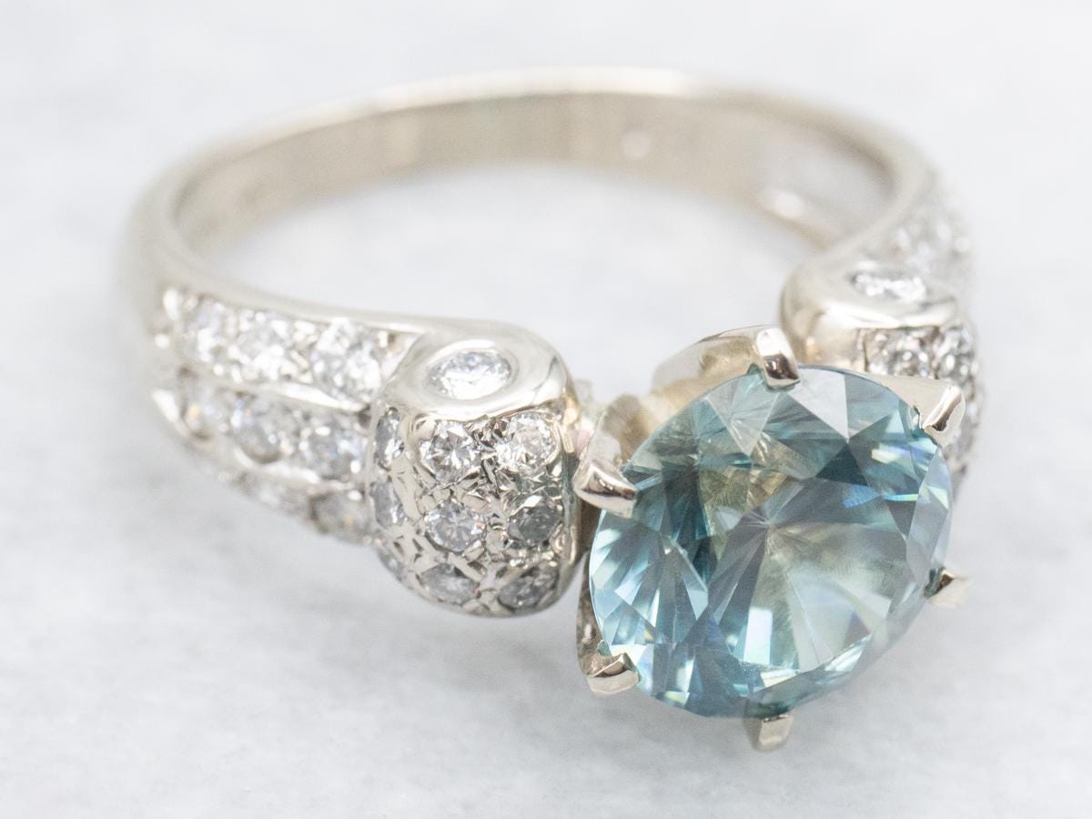 14k White Gold Blue Zircon Ring, Diamond Accents