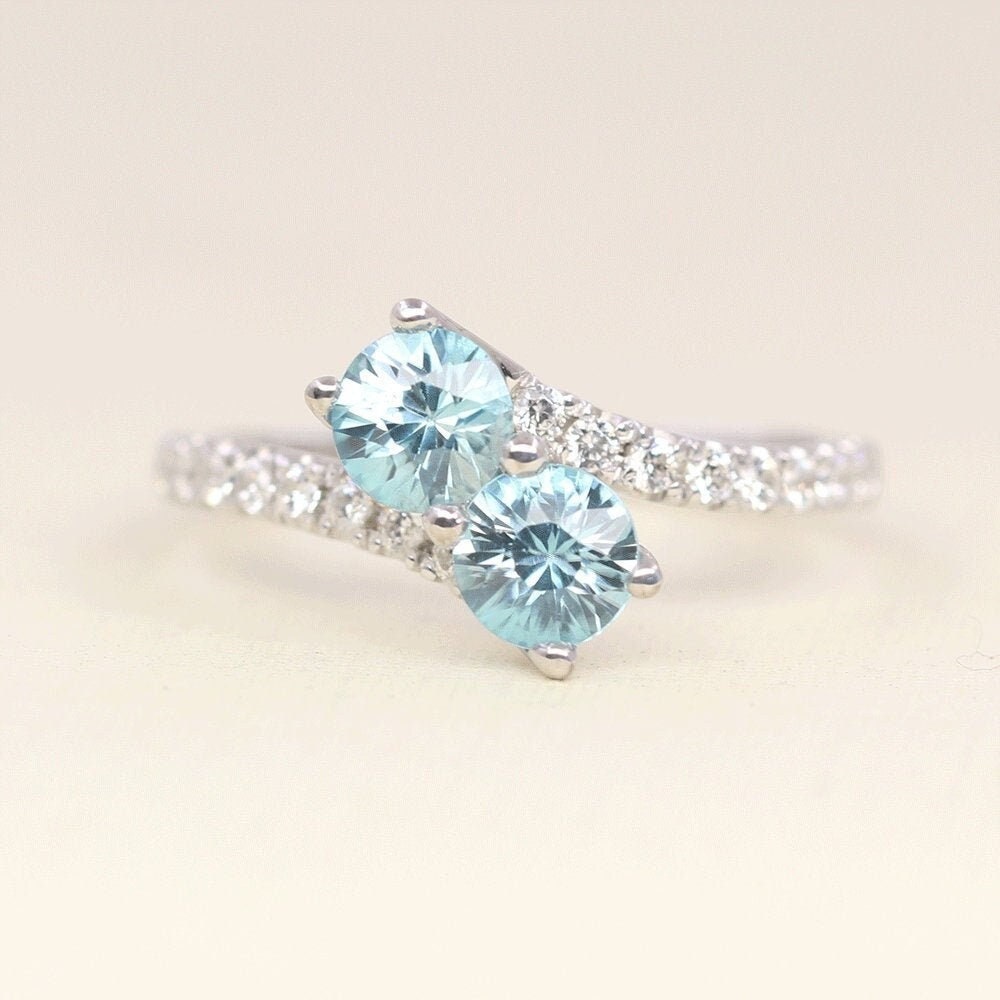 14k White Gold Blue Zircon Diamond Wedding Band - December Birthstone Ring