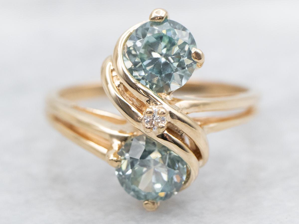 14k Yellow Gold Blue Zircon Toi Et Moi Diamond Ring, Size 7