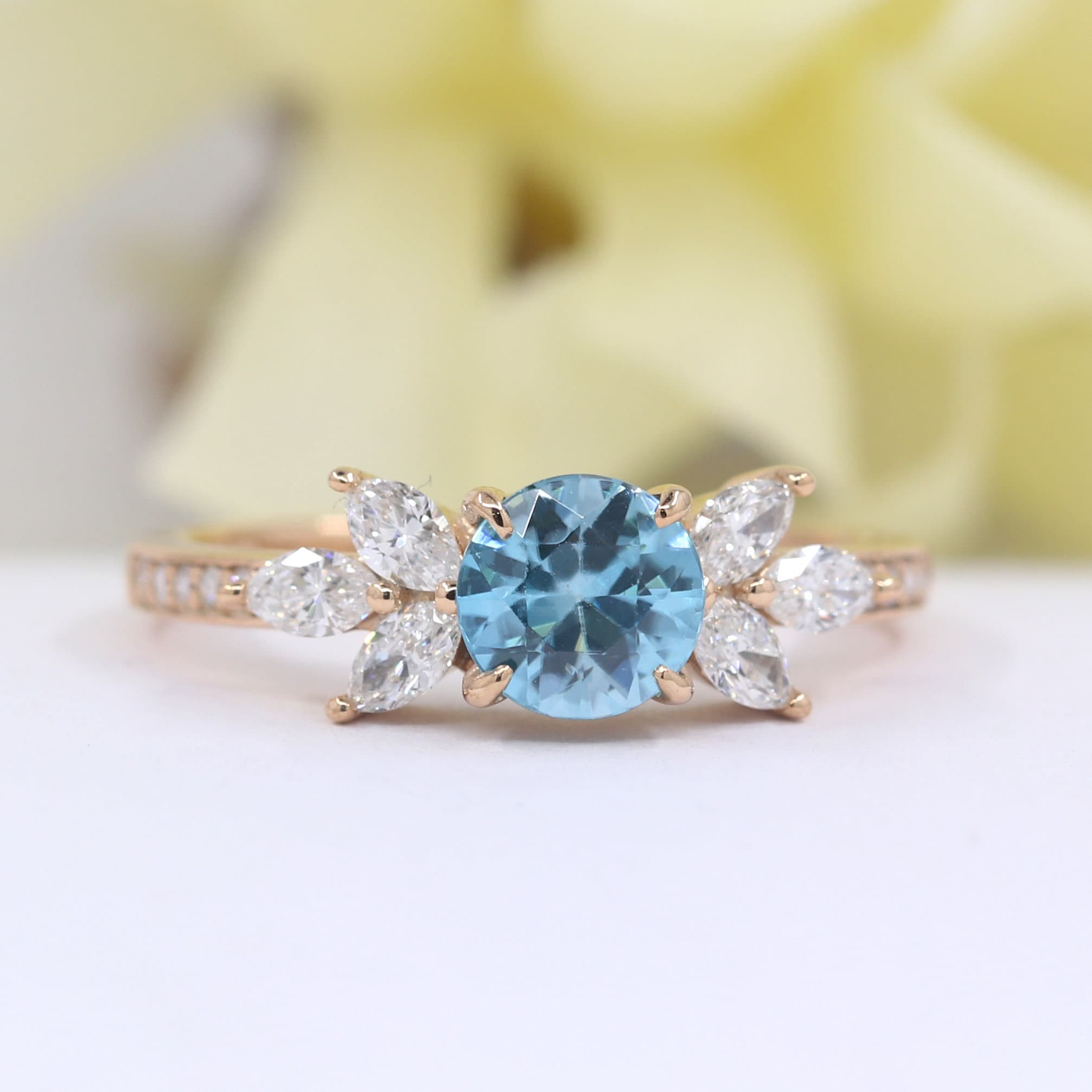 14k Yellow Gold Blue Zircon Diamond Engagement Ring
