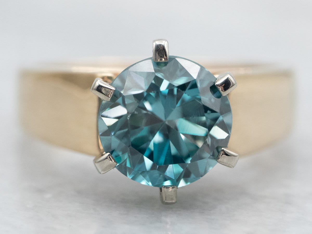 14k Yellow Gold Blue Zircon Solitaire Ring, 2.77 Carats