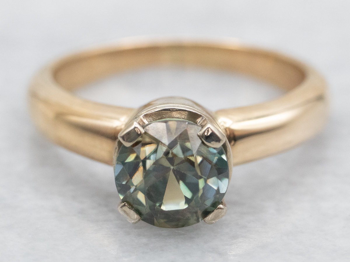 14k Yellow Gold Zircon Solitaire Ring, Round Blue-green Gem