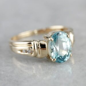 14K Yellow Gold Blue Zircon and Diamond Ring, December Birthstone
