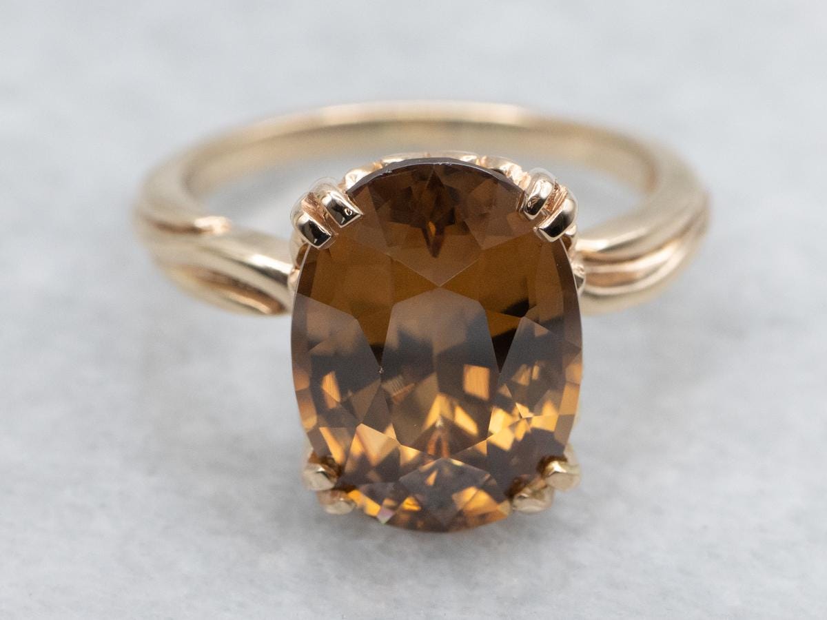 14k Yellow Gold Zircon Ring, Oval Cut