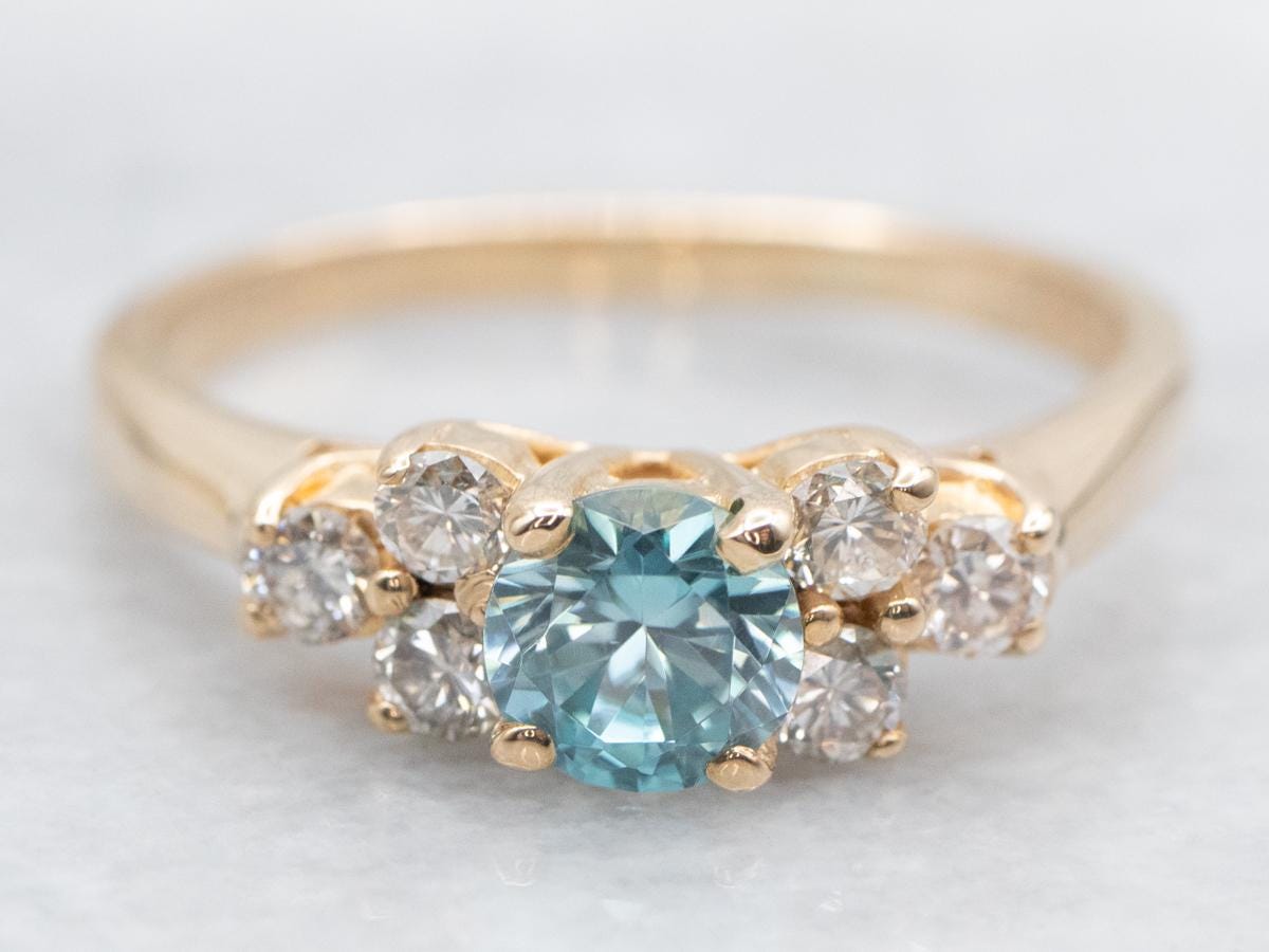 14k Yellow Gold Blue Zircon And Diamond Ring