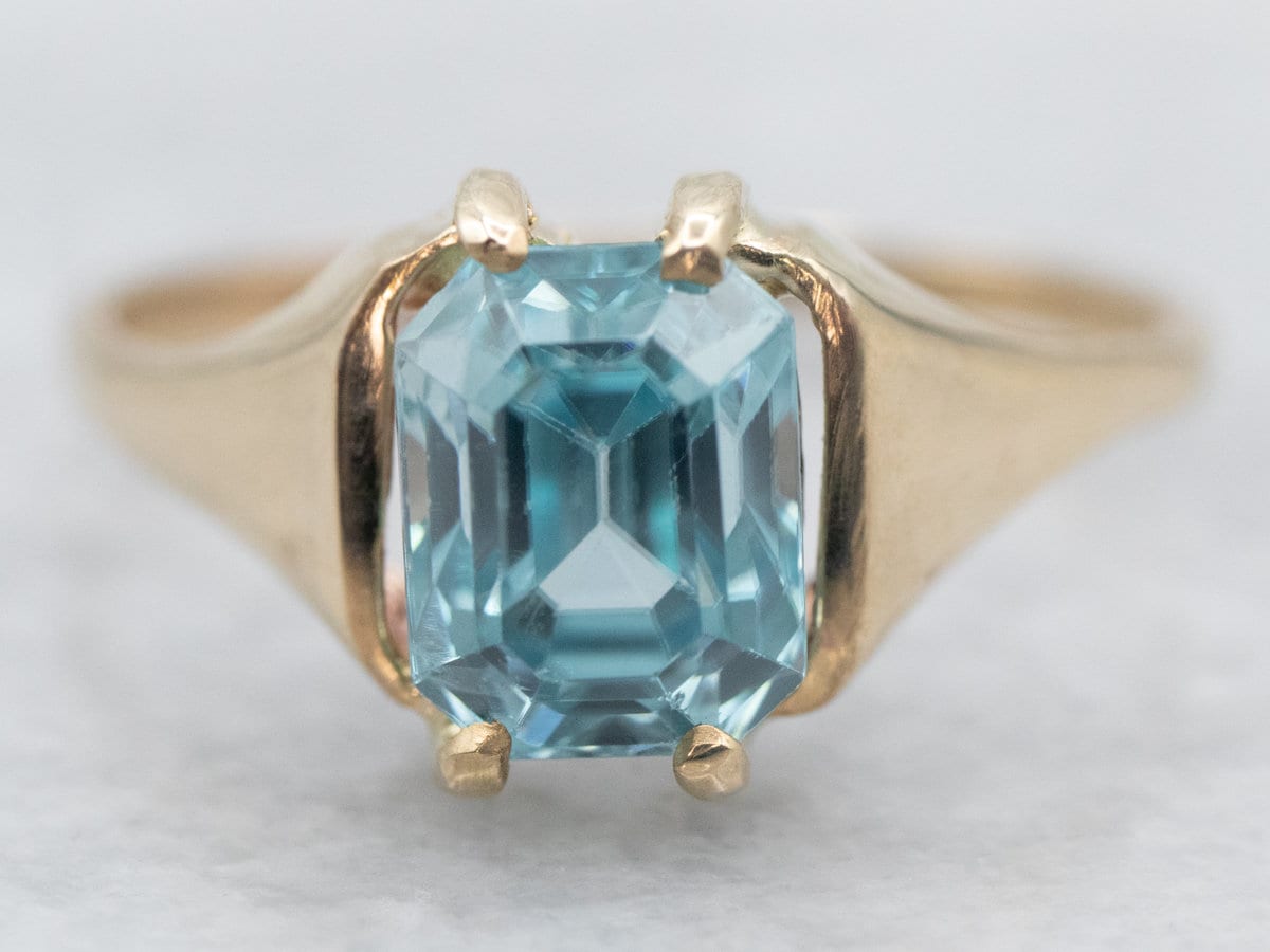 14k Yellow Gold Emerald Cut Blue Zircon Ring