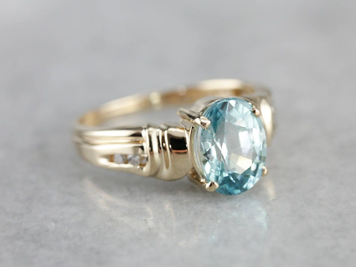 14k Yellow Gold Blue Zircon And Diamond Ring, December Birthstone