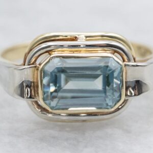 14k Yellow & White Gold Blue Zircon Ring, East-west Emerald Cut 14k Yellow & White Gold Blue Zircon Ring, East-west Emerald Cut
