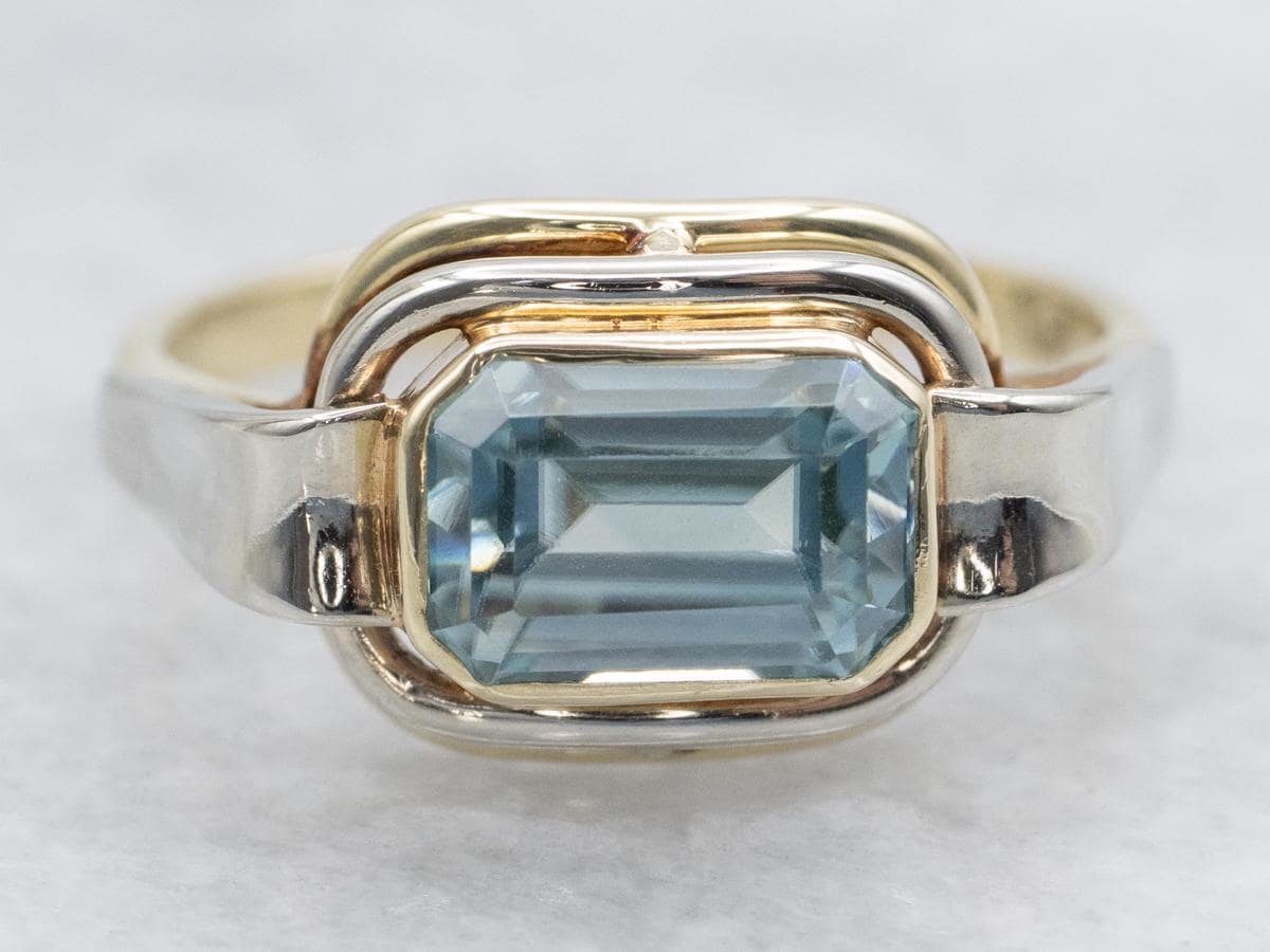 14k Yellow & White Gold Blue Zircon Ring, East-west Emerald Cut