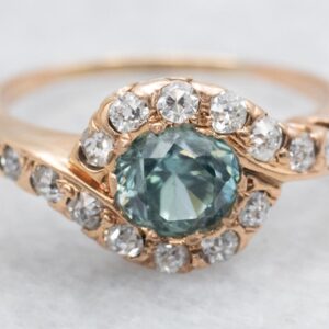 Antique Blue Zircon Diamond Halo Ring, 14k Yellow Gold Antique Blue Zircon Diamond Halo Ring, 14k Yellow Gold