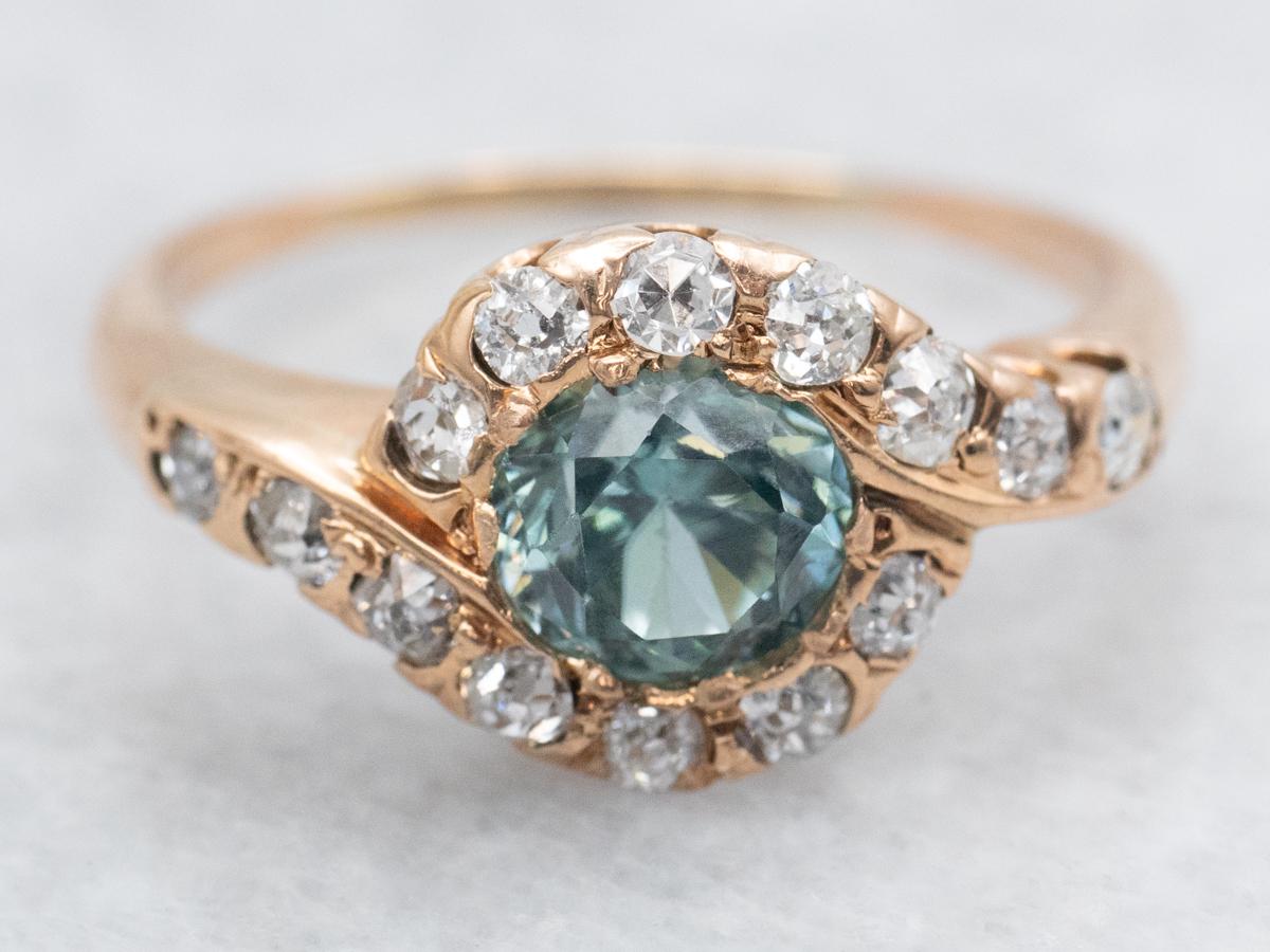 Antique Blue Zircon Diamond Halo Ring, 14k Yellow Gold