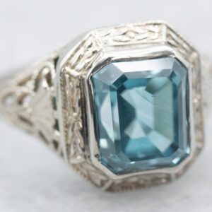 Art Deco Blue Zircon Ring, 14k White Gold Filigree Solitaire Art Deco Blue Zircon Ring, 14k White Gold Filigree Solitaire
