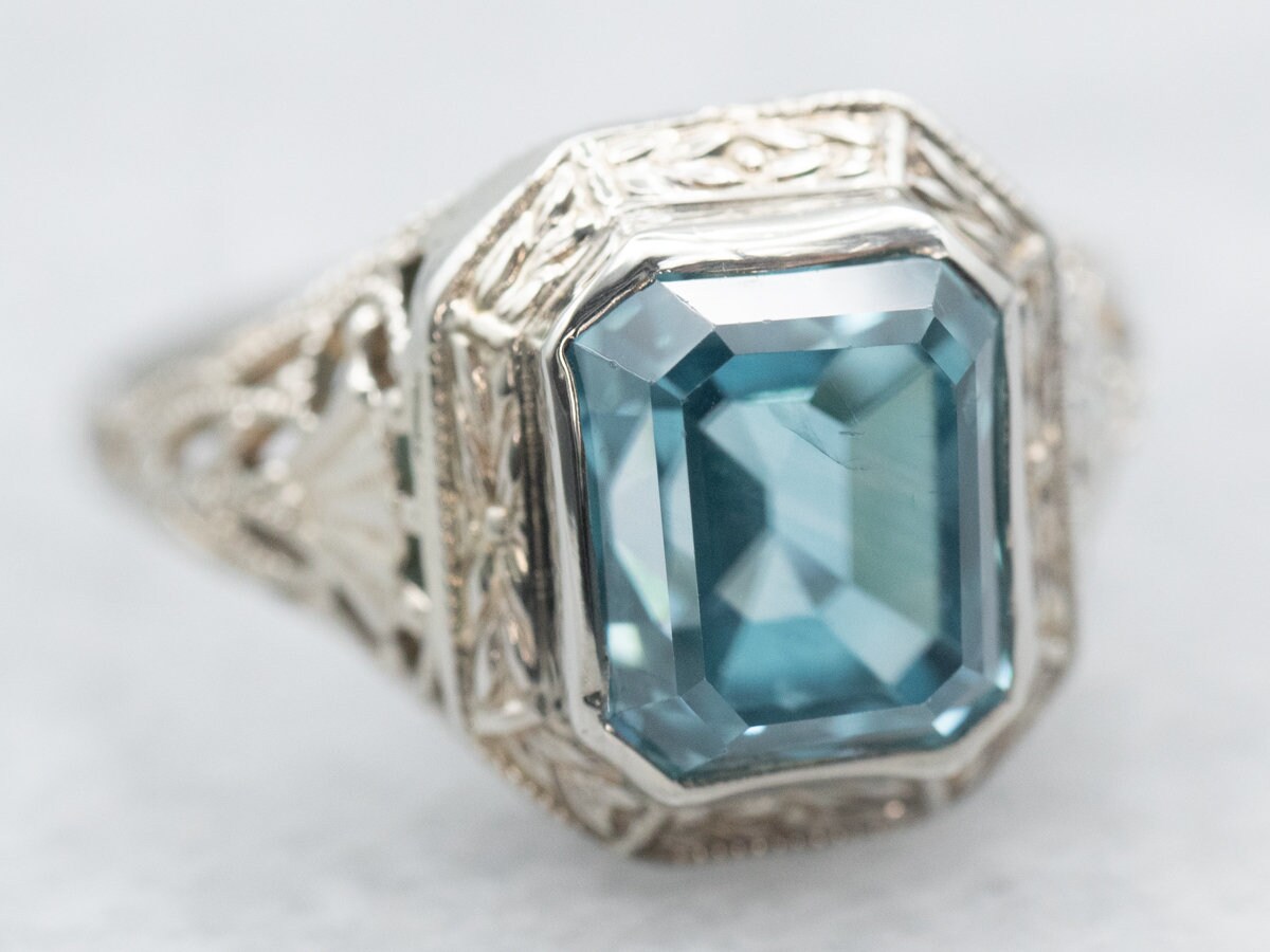 Art Deco Blue Zircon Ring, 14k White Gold Filigree Solitaire