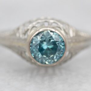 Art Deco Blue Zircon Solitaire Ring, 18K White Gold, December Birthstone