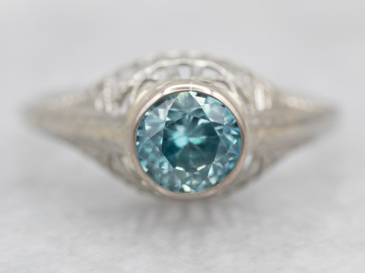 Art Deco Blue Zircon Solitaire Ring, 18k White Gold, December Birthstone