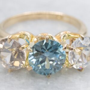 Blue Zircon 14k Yellow Gold Three Stone Ring, Cocktail Ring Blue Zircon 14k Yellow Gold Three Stone Ring, Cocktail Ring