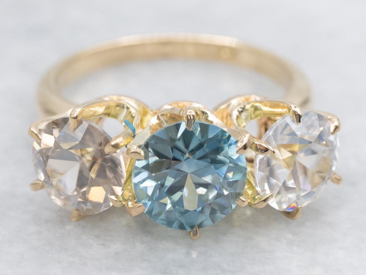 Blue Zircon 14k Yellow Gold Three Stone Ring, Cocktail Ring