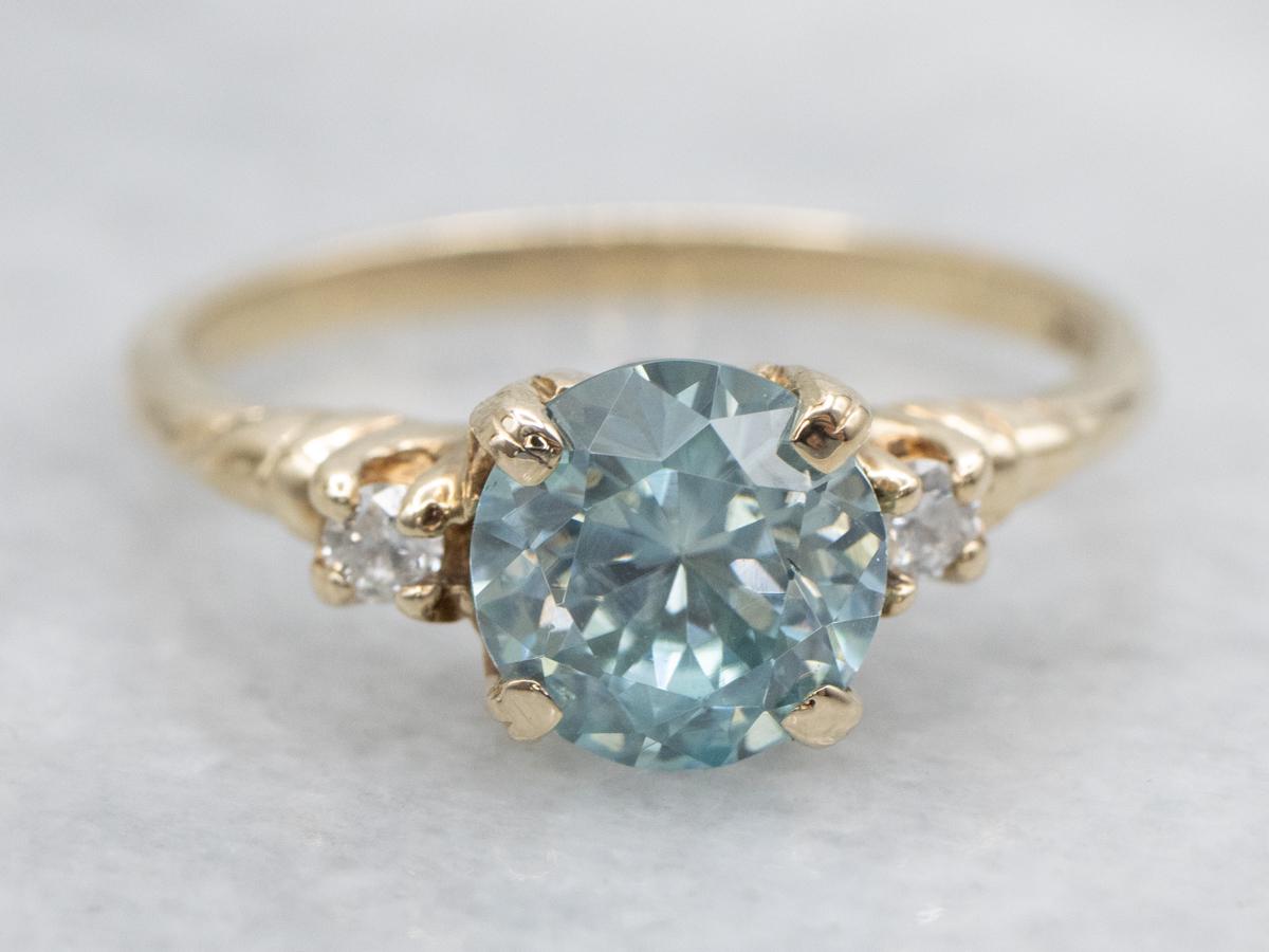 Blue Zircon And Diamond 10k Yellow Gold Ring, Anniversary Gift