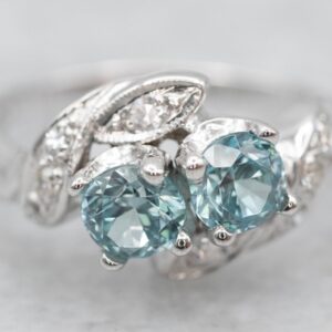 Blue Zircon Diamond Ring, 14k White Gold Toi Et Moi Bypass Ring Blue Zircon Diamond Ring, 14k White Gold Toi Et Moi Bypass Ring