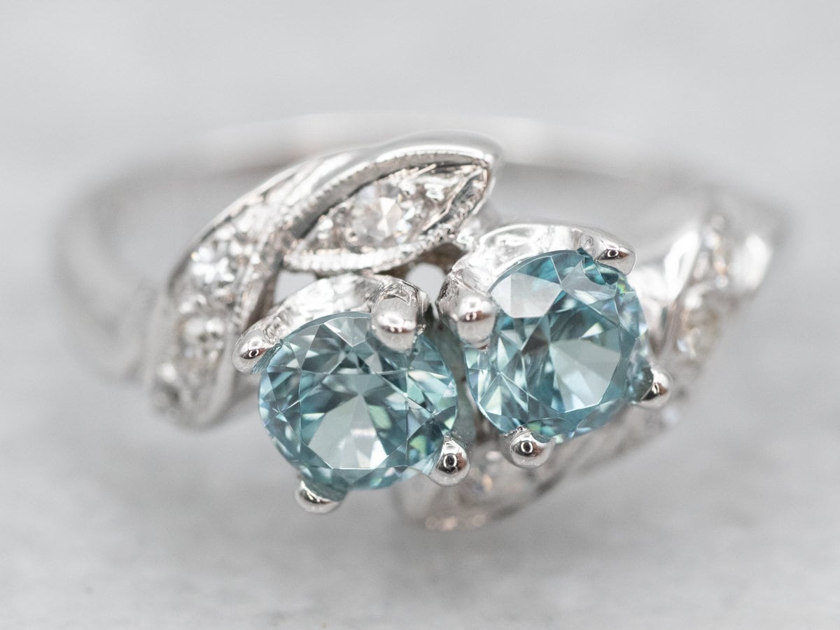 Blue Zircon Diamond Ring, 14k White Gold Toi Et Moi Bypass Ring