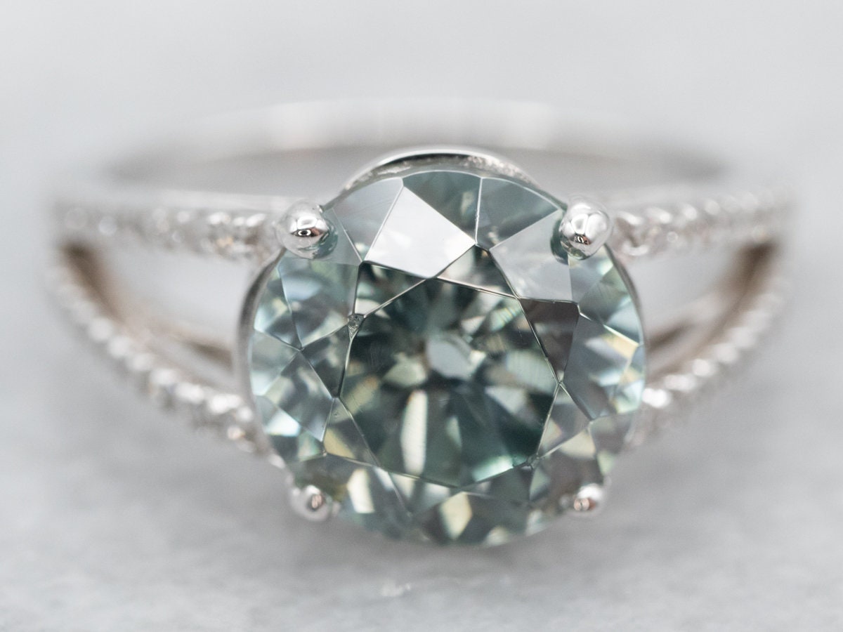 Blue Zircon Diamond Ring, 14k White Gold Engagement Ring