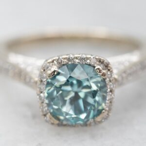 Blue Zircon Diamond Halo Ring, 14k White Gold Cocktail Ring Blue Zircon Diamond Halo Ring, 14k White Gold Cocktail Ring