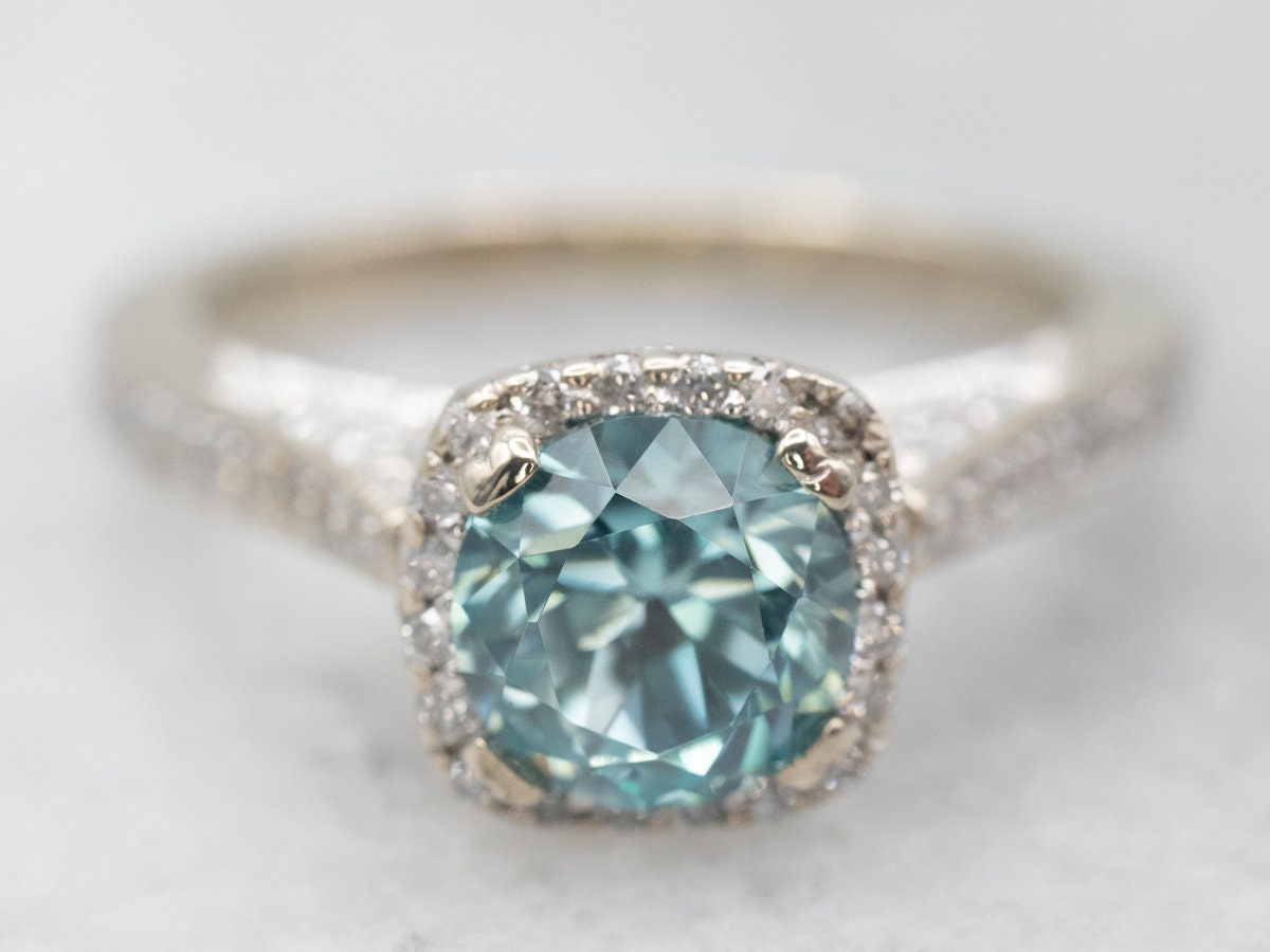 Blue Zircon Diamond Halo Ring, 14k White Gold Cocktail Ring