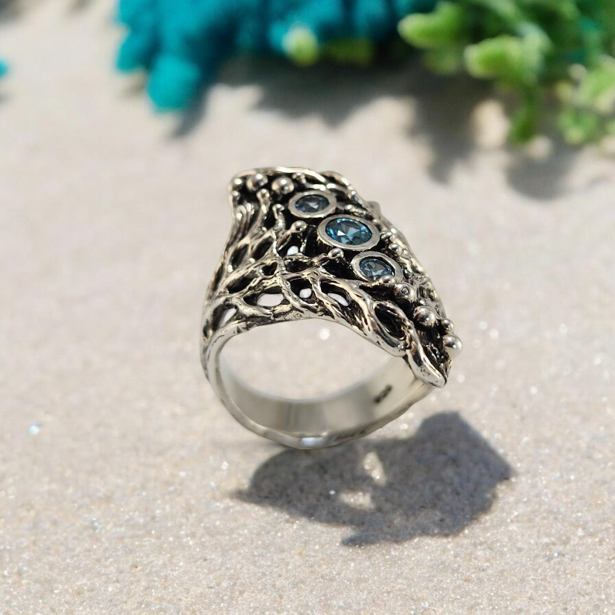 Blue Natural Zircons Gemstones - Sea Fan Coral Ring Hand-sculpted By Dv Jewelry Designs