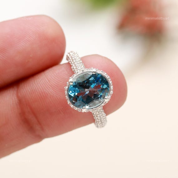 Blue Zircon Ring: Oval Gemstone, 925 Sterling Silver