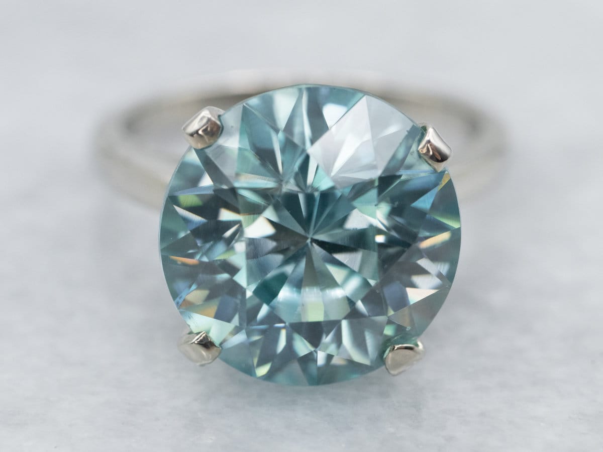 Blue Zircon Solitaire Ring, 10k White Gold, December Birthstone