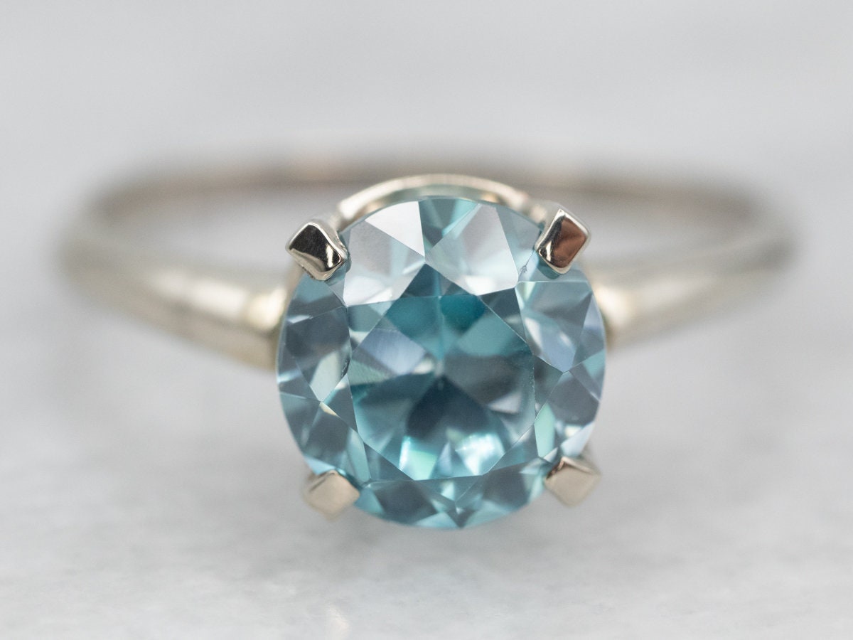 Blue Zircon Solitaire Ring, 14k White Gold, December Birthstone