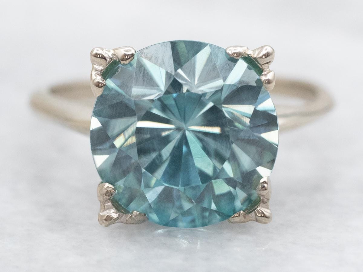 Blue Zircon Solitaire Ring, 14k White Gold, December Birthstone
