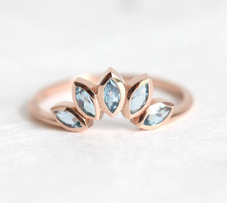 Blue Zircon Wedding Ring, Leaves Wedding Band Ring, Blue Wedding Ring, Rose Gold Wedding Ring