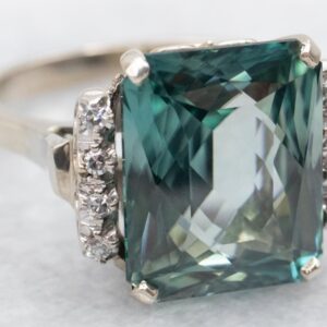 Emerald Cut Blue Zircon Diamond Cocktail Ring, 14k White Gold Emerald Cut Blue Zircon Diamond Cocktail Ring, 14k White Gold