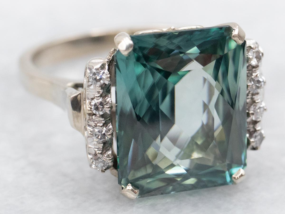 Emerald Cut Blue Zircon Diamond Cocktail Ring, 14k White Gold