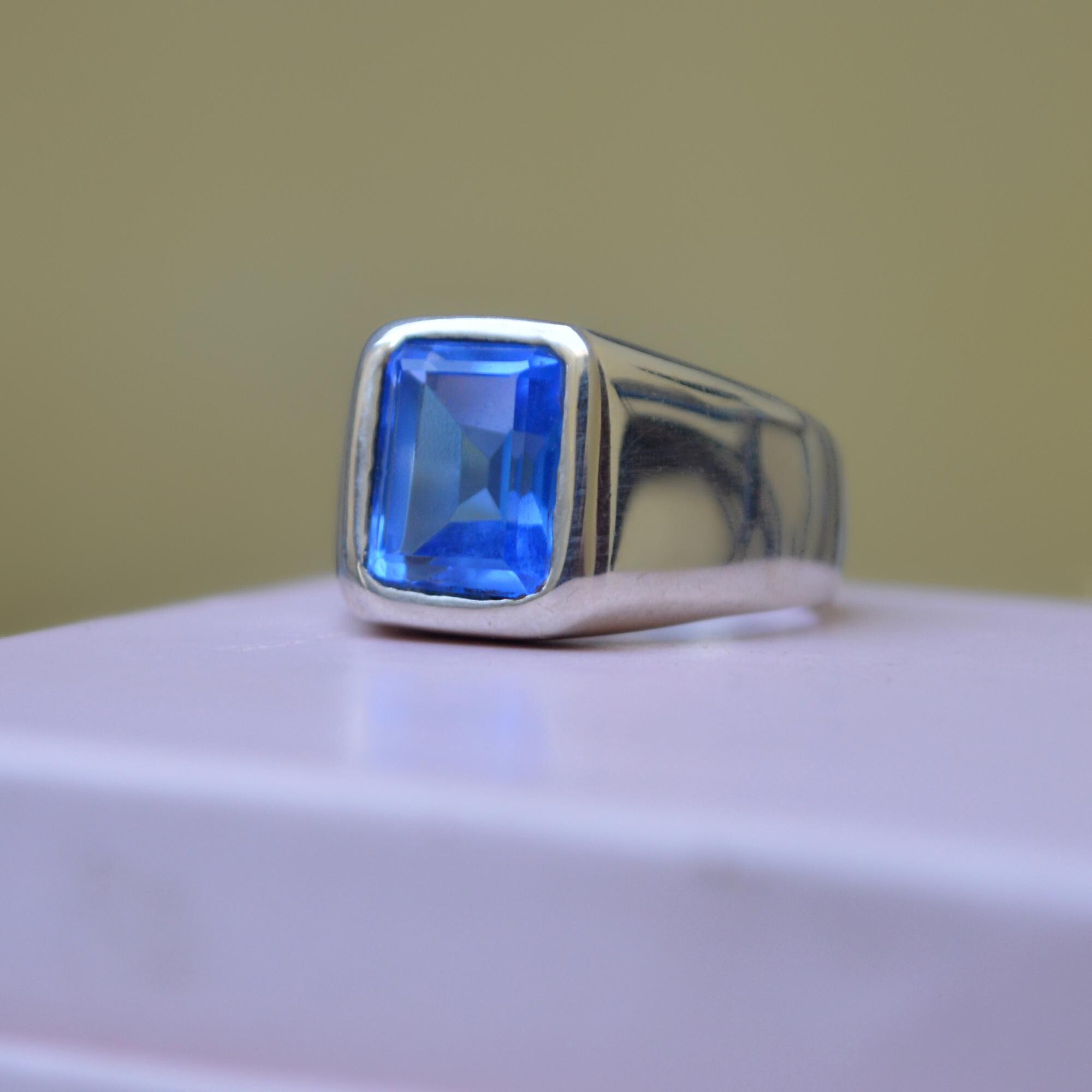 Emerald Cut Blue Zircon Ring: Sterling Silver, Gold Fill Statement Ring