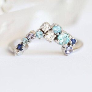 Multistone Wedding Band, Cluster Wedding Band, Unique Ring With Diamond Sapphire Blue Zircon