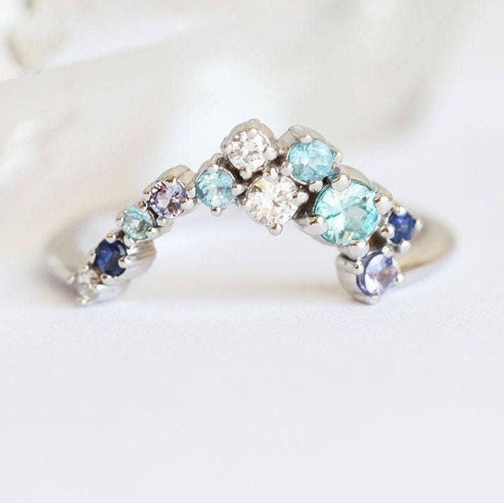 Multistone Wedding Band, Cluster Wedding Band, Unique Ring With Diamond Sapphire Blue Zircon
