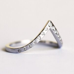 V Diamond Ring In 14k Solid Gold With Flush Set Round Diamonds Or Zircons, Thin Pointed Chevron Wedding Band
