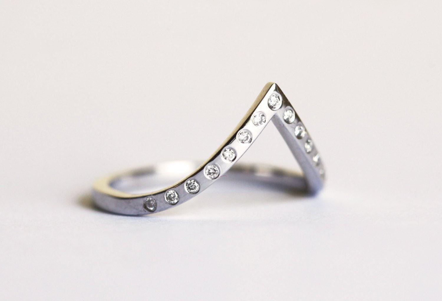 V Diamond Ring In 14k Solid Gold With Flush Set Round Diamonds Or Zircons, Thin Pointed Chevron Wedding Band