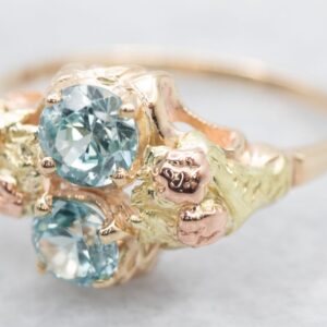 Vintage 10k Gold Two Stone Blue Zircon Ring, Botanical Rose Design Vintage 10k Gold Two Stone Blue Zircon Ring, Botanical Rose Design