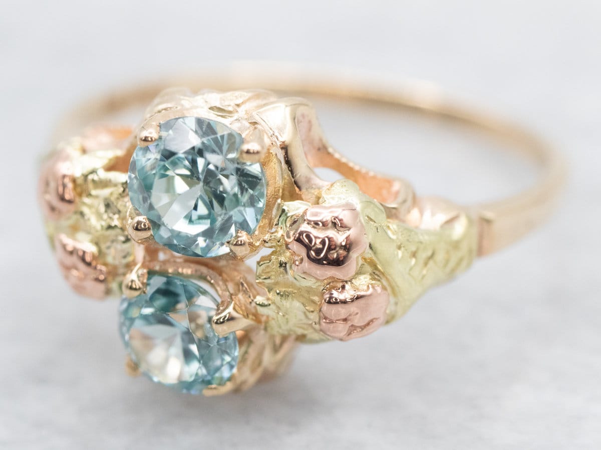Vintage 10k Gold Two Stone Blue Zircon Ring, Botanical Rose Design