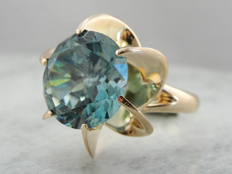 Vintage 14k Gold Blue Zircon Cocktail Ring, Mid Century Statement Ring
