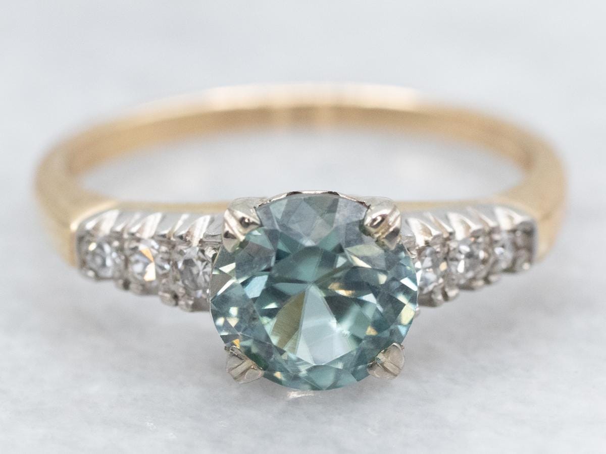 Vintage Blue Zircon Diamond Ring, 14k Two Tone Gold