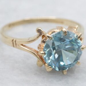 Vintage Blue Zircon Solitaire Ring, 14k Yellow Gold, Round Cut Vintage Blue Zircon Solitaire Ring, 14k Yellow Gold, Round Cut