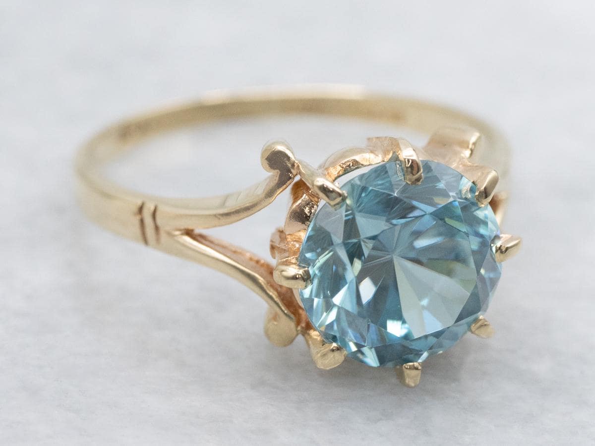 Vintage Blue Zircon Solitaire Ring, 14k Yellow Gold, Round Cut
