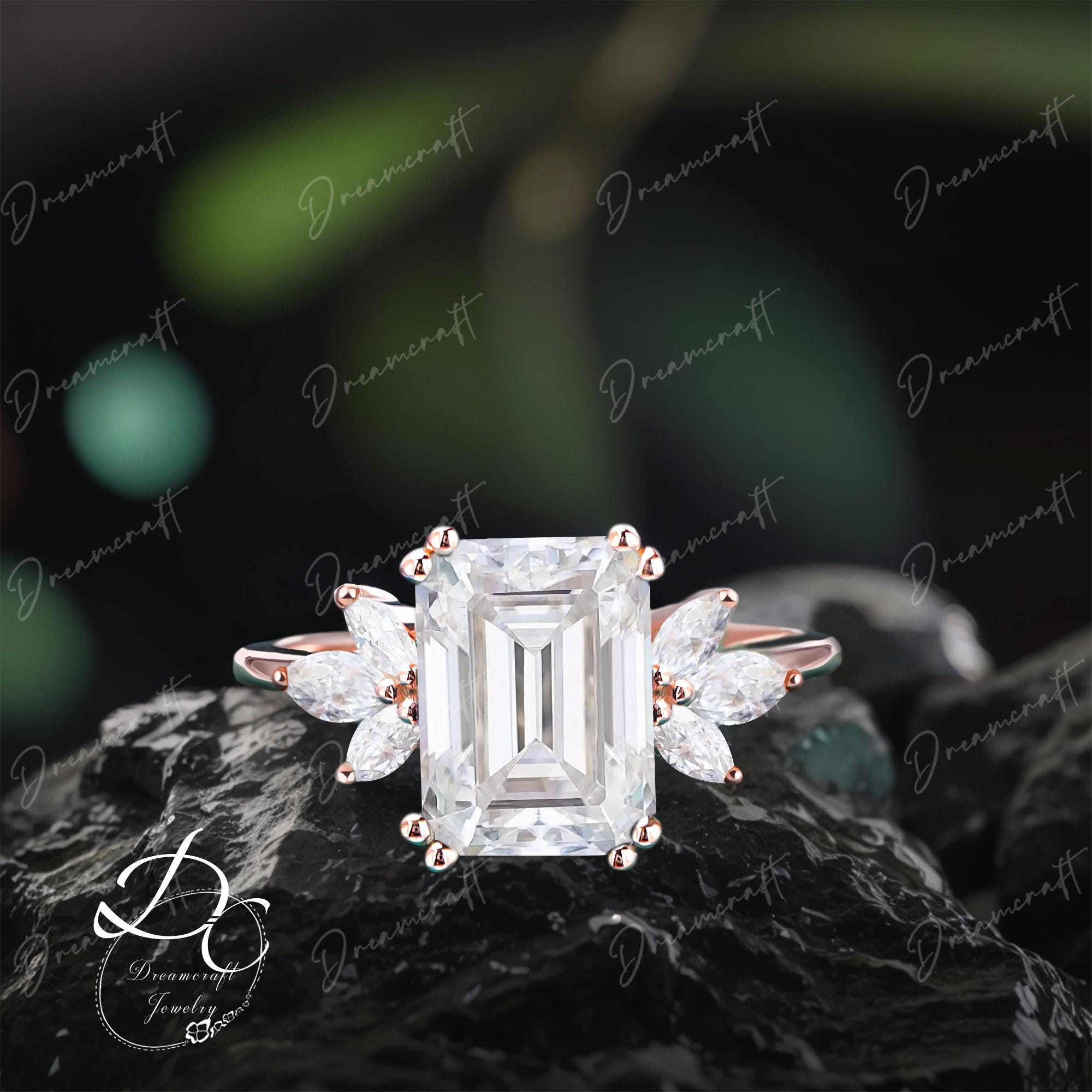 Vintage Moissanite Engagement Ring Emerald Cut Rose Gold Zircon Wedding Ring Unique Cluster Bridal Ring Promise Ring Anniversary